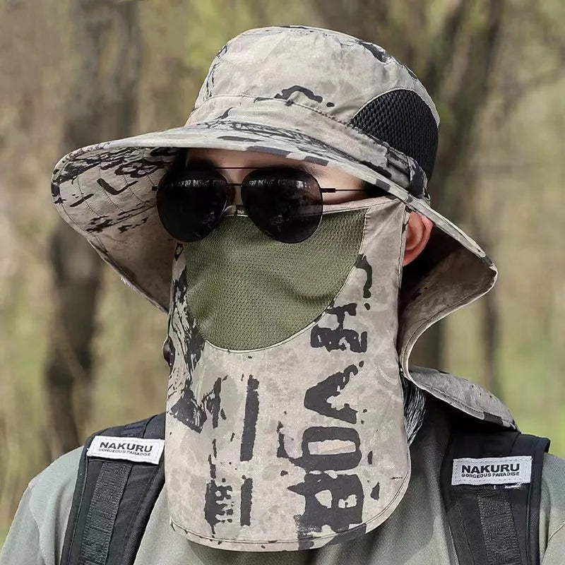 Men's camouflage shawl sun hat outdoor breathable sun protection face fishing hat tourism mountaineering detachable Hiking Caps