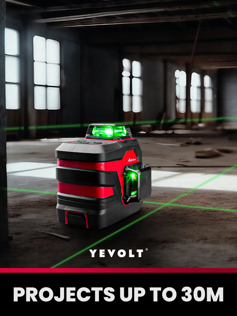 YEVOLT YVGLL4XS12B2PRODP 12-Line 360° Green Laser Level Kit 5200mAh Power Supply Wall Bracket Rotating Base Oxford Bag Tool