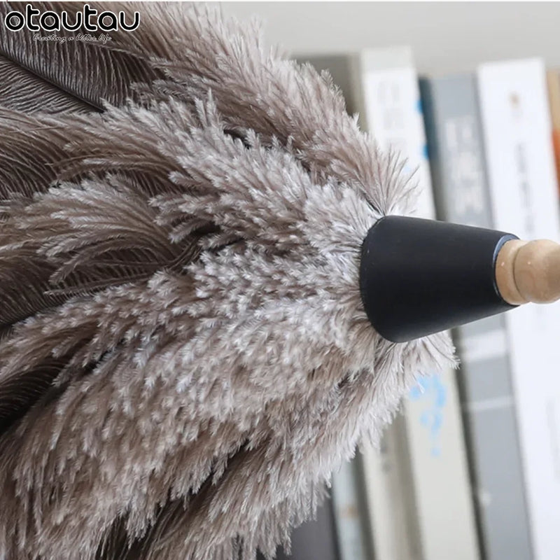 OTAUTAU 100% Real Ostrich Feather Duster Wood Handle Household Car Dust Brush Cleaner House Cleaning Tools DZ004