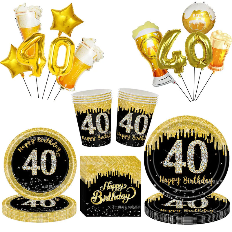 40th Birthday Party Disposable Tableware Plate Cup Napkin Black Gold Party Decorations Birthday Balloon 40 Years Party Supplies