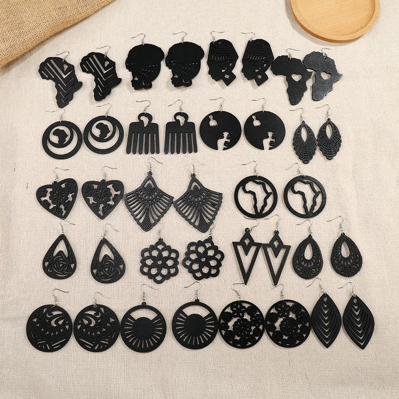 SOMESOOR Trendy Black Cutting Women Wooden Drop Earrings Collections African Ethnic Bohemain Engraved Dangle Jewelry Accessories