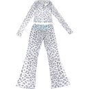 VEITCHE Women's Summer Outfit Casual Leopard Print Long Pant Suit Slim Hoodie Zipper Top High Waist Trousers Set Street Style