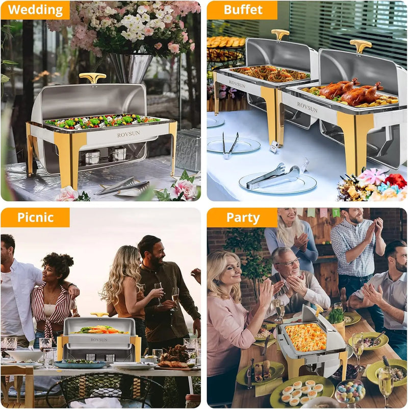 Rovsun 3 Packs Roll Top Chafing Dish Buffet Set Gold Accent,Nsf 9 Quart Rectangular Stainless Steel Chafer, Buffet Servers And