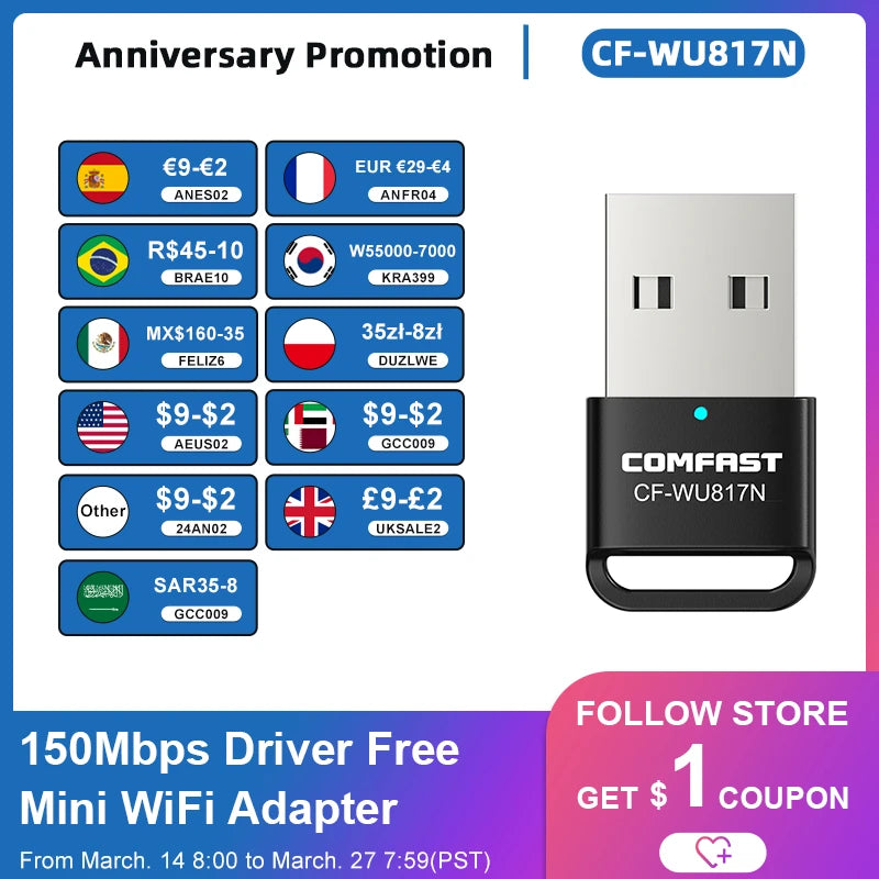Mini USB Wifi Adapter Antenna Wi-fi 150M wireless network Card Ethernet Wi fi Receiver Dongle Free Driver adaptador wifi card