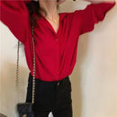 JOEVILU Red Chiffon Shirt Women French Elegant Long Sleeve Blouses Spring and Autumn Korean Fashion Tops Casual Sunscreen Jacket