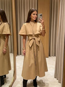 The Overcast Line | Belted Trench Midi Dress with Cape Overlay