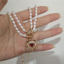 Kpop Vintage Red Love Heart Pendant Zircon Pearl Chain Choker Necklace For Women Party Aesthetic Jewelry Christmas Gift Hot Sale