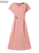 ANZEA 2025 Women Summer Work OL Midi Dresses Elegant V Neck Short Sleeve Dress Fashion Solid A Line Party Sundress Vestidos Robe