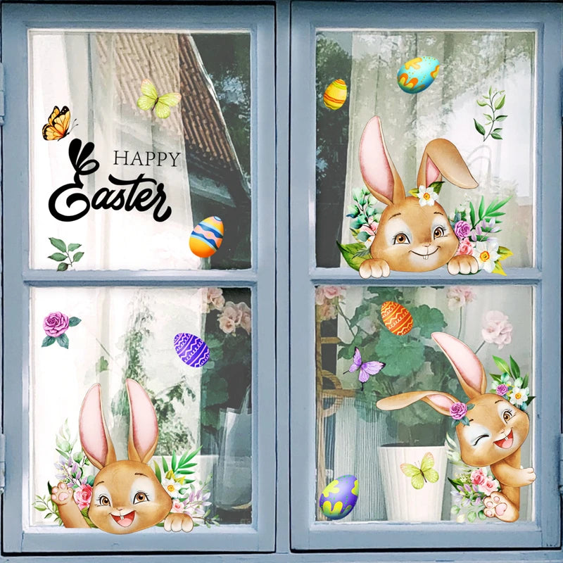 1Set Happy Easter Window Stickers Cartoon Rabbit Easter Eggs Flowers Butterfly Glass Sticker Spring Easter Home Decoration 2024