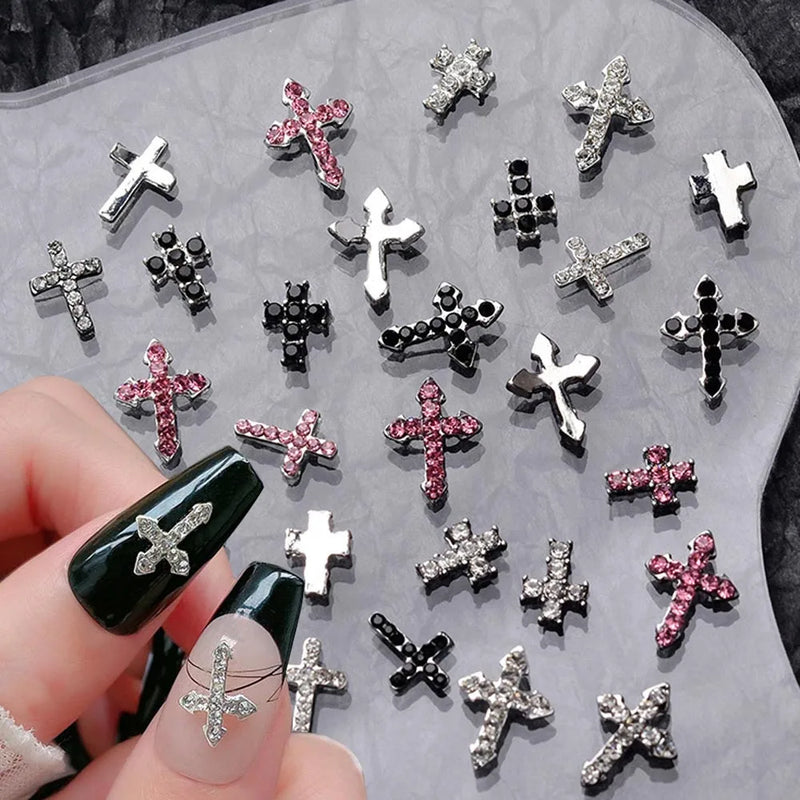 10Pcs/lot 3D Cross Alloy Nail Art Charms Silver/Black/Pink Rhinestone Christmas Halloween Diamond Jewelry Retro Punk Nail Parts