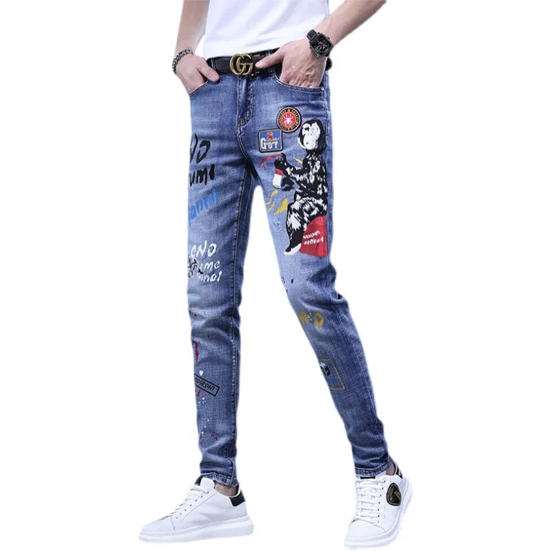 Fashion Printed Jeans Men's Korean Brand Embroidery Badge Pattern Youth Ripped Small Feet Teenagers Cowboy Pencil Pants