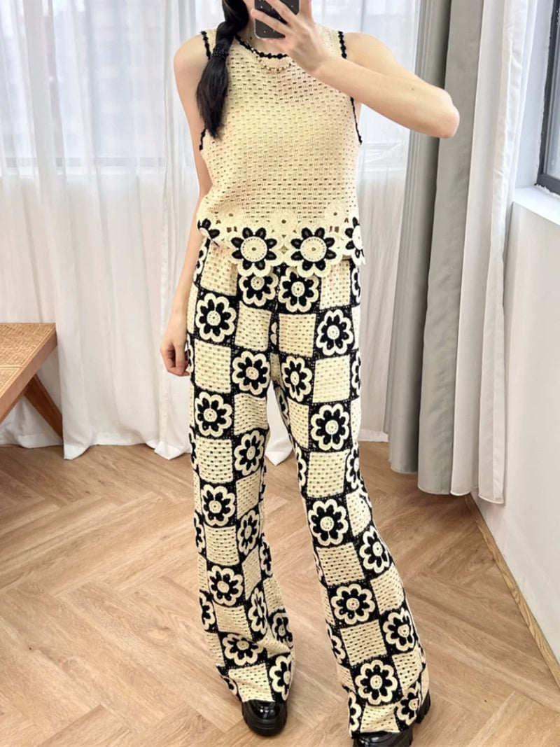 Crochet Floral Plaid Set Women Round Neck Sleeveless Vest or Straight Wide Leg Long Pants Suit 2024 Spring