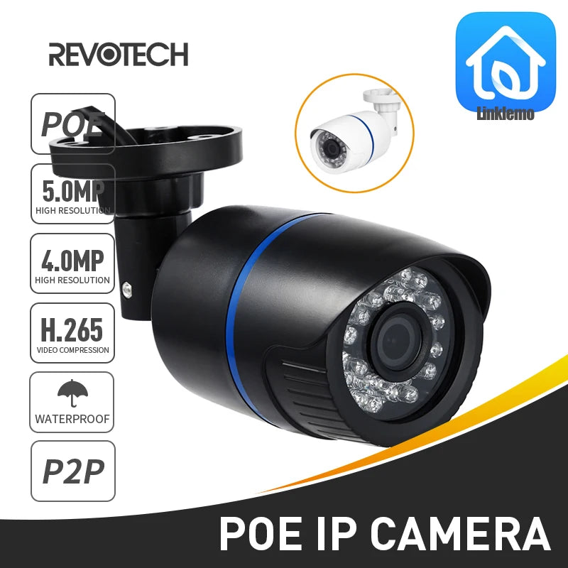 REVOTECH 5MP IP65 Waterproof Bullet Outdoor POE Camera, IP surveillance camera 4MP, 24Pcs IR LED, Security Night CCTV System Cam