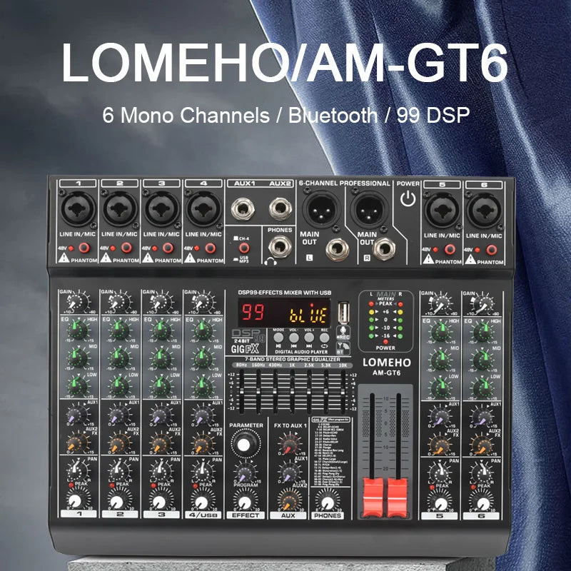 LOMEHO 7 Band EQ Audio Sound Mixer Table 6 Mono Channel Mixing DJ Console with USB 2 AUX Output Individual 48V 99 Effect  AM-GT6