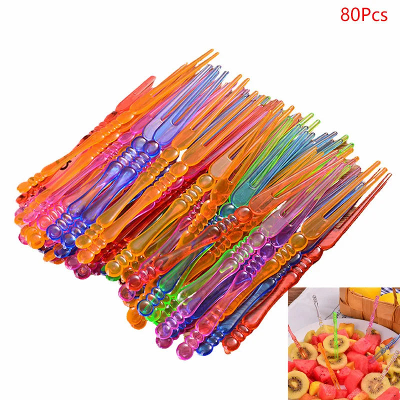 80pcs Mini Color Transparent Disposable Forks For Party BBQ Sticks Picks Skewer Set Home Dining Plastic Food Cake Fruit Fork