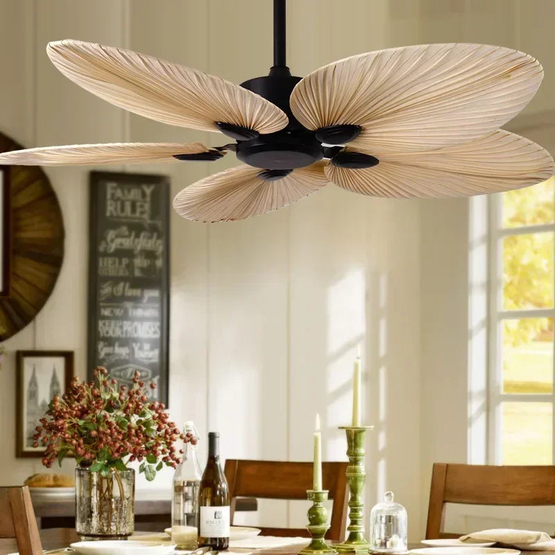 Southeast Asian high-quality fan light 52 inch palm leaf ceiling fan light restaurant remote control ceiling fan pendant light