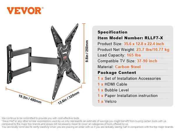 VEVOR Full Motion TV Mount Fit for Most 26-90in TVs Swivel Tilt Horizontal Adjustment TV Wall Mount Bracket W/ Articulating Arms