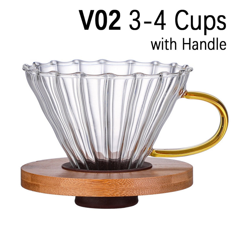 Coffee Dripper Glass Funnel Drip Coffee Maker V01 V02 Filter Transparent Reusable Pour Over Brewing Cup with Wooden Holder