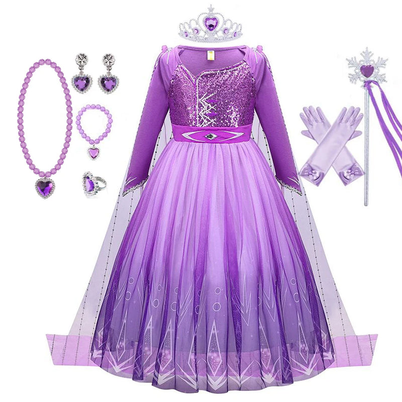 Girl Elsa Dress Princess Cosplay Purple Sequins Mesh Halloween Long Sleeves Ball Gown Birthday Party Carnival Costume