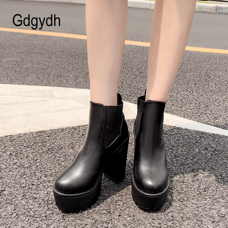 Gdgydh – bottes en cuir noir pour femmes, chaussures à talons hauts et plate-forme, modèle de fête, printemps-automne, couleur unie