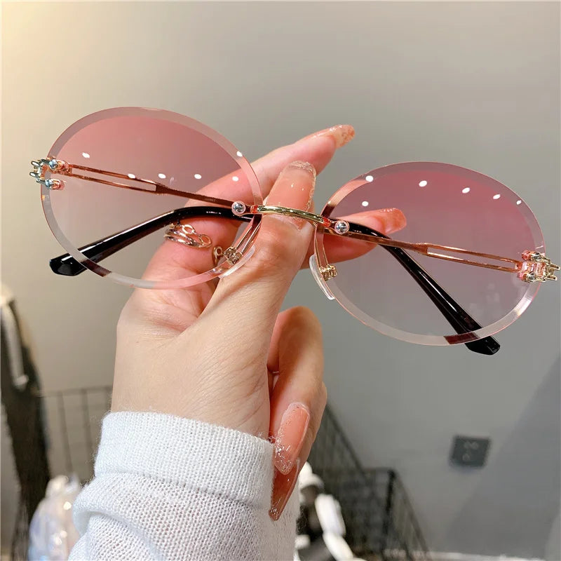 Trendy Sunglasses For Woman Summer Rimless Cut-edge Sunglass Oval Fashion Brand Designer Shades Pink Women's Sun Glasses UV400