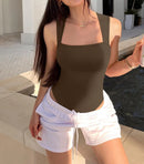 2026 Summer Fashion Square Collar Solid Color Sleeveless Bodysuit High Waist Sexy Tight Women's Jumpsuit
