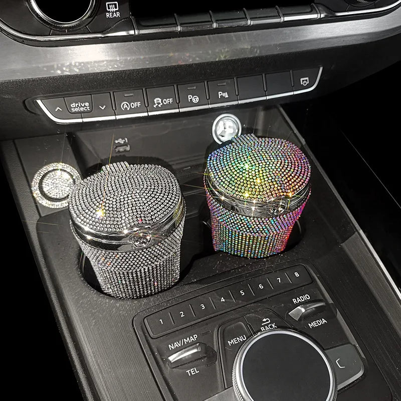 Car Ashtray Portable Bling Cigarette Smokeless Cylinder Cup Holder with Blue LED Light Indicator Car Accessories for Women