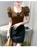 Women's Chic Youthful Square Neck Puff Sleeve T-Shirt Shimmery Floral Summer Blouse  Slim Fit Trendy Top