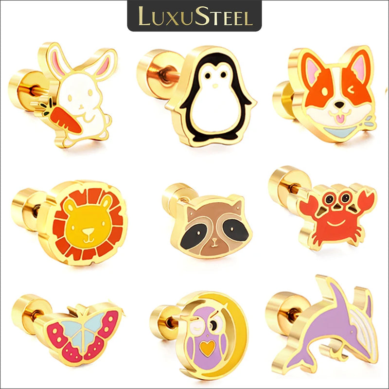 LUXUSTEEL Lovely Coloful Animal Stud Earrings For Girls Stainless Steel Anti-allergy Rabbit Penguin Dog BFF Jewelry Gifts