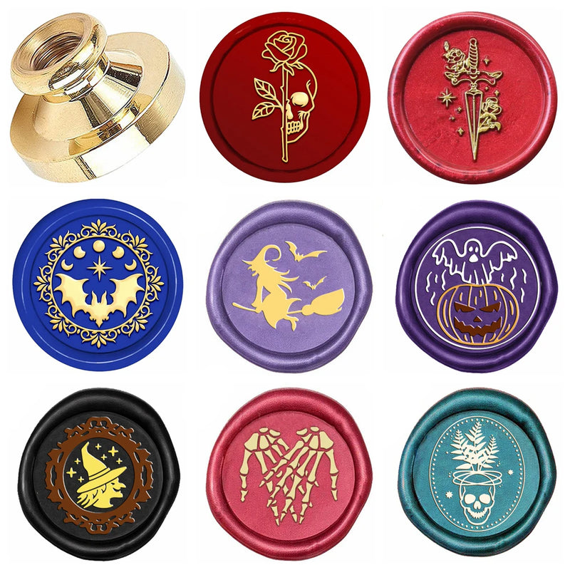 Halloween Series Wax Seal Stamp Head Witch,Bats,Skeleton 0.98" Brass Wax Sealing Stamp Heads For Decorating Envelopes Invitation