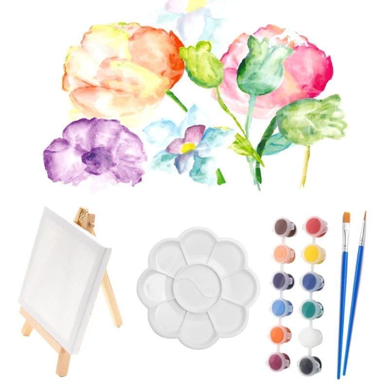 23 Pcs Mini Wood Easel and Painting Canvas Set Acrylic Drawing Paint Kit 12 Colors Acrylic Paint for Kids Birthday Party