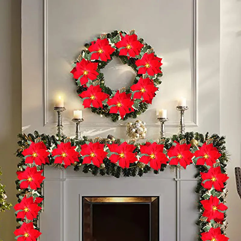Poinsettia Christmas Flowers Garland String Lights Xmas Tree Ornaments Indoor/Outdoor Party Decor Christmas Decoration Navidad