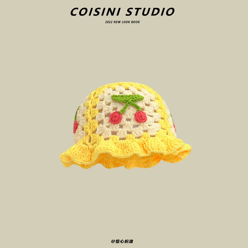 2024 New Korean-Japanese Hand Buckle Crochet Bucket Hat Spring and Autumn Winter Sun Hat Female Cherry Designer Bob Basin Hat