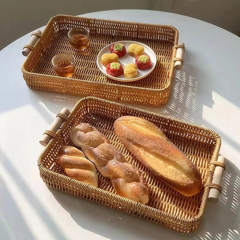 Woven Tray Fruit Basket Circular Bread Food Storage Box Woven Decorative Tray Bread Serving Basket for Camping Countertop Party