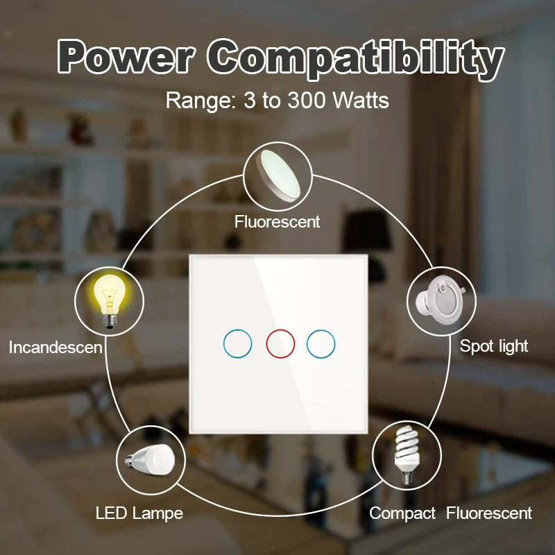 AXUS EU Touch Switch AC100-240V Led backlight Panel Tempered Crystal Glass wall Light sensory Switches 1/2/3 Gang Interruttore