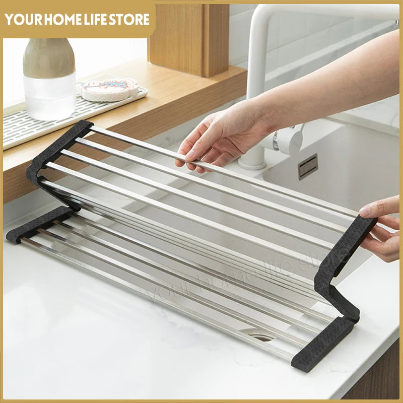 Folded Dish Drain Rack for Kitchen SUS304 Steel,Sink drying Rack,Bowl shelf Foldable Dish Drying Rack Overthe Sink Plate Storage