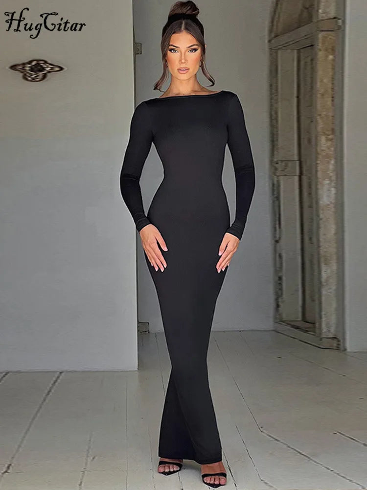 Hugcitar Spring Elegant Long Sleeve Backless Solid Cuched Sexy Bodycon Maxi Prom Dress Women Outfit Evening Party Festival Y2K