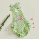 Infant Girl Halter Neck Romper with Cute Golf Cart Embroidery and Ruffle Detail - Sleeveless Newborn Playsuit for Summer Fun