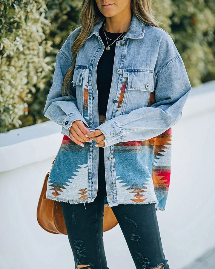 Jeans Casual Jackets 2023 Autumn Winter New Aztec Lapel Pocket Denim Coat Patchwork Long Sleeve Wool Women&