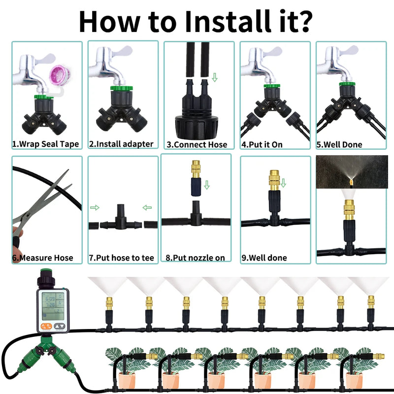 15M-30M Outdoor Misting Cooling System Garden Irrigation Watering 1/4'' Brass Atomizer Nozzles 4/7mm Hose for Patio Greenhouse