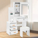 Dressing Table with LED Lights and Adjustable Brightness, Vanity Desk with Mirror, 4 Drawers, 6 Hidden Shelves, and Stool