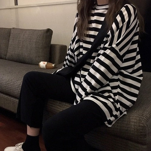 spring Autumn Women harajuku Striped Tshirt Long Sleeve O-Neck T-Shirts ulzzang Korean Casual oversized T Shirt Femme black Tops