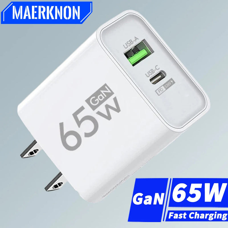 USB C Charger 65W PD 3.0 GaN 2-Port Fast Charging Wall Charger for iPhone 15 Pro Max 15 Plus 14 13 12 iPad Switch Galaxy S23 S22
