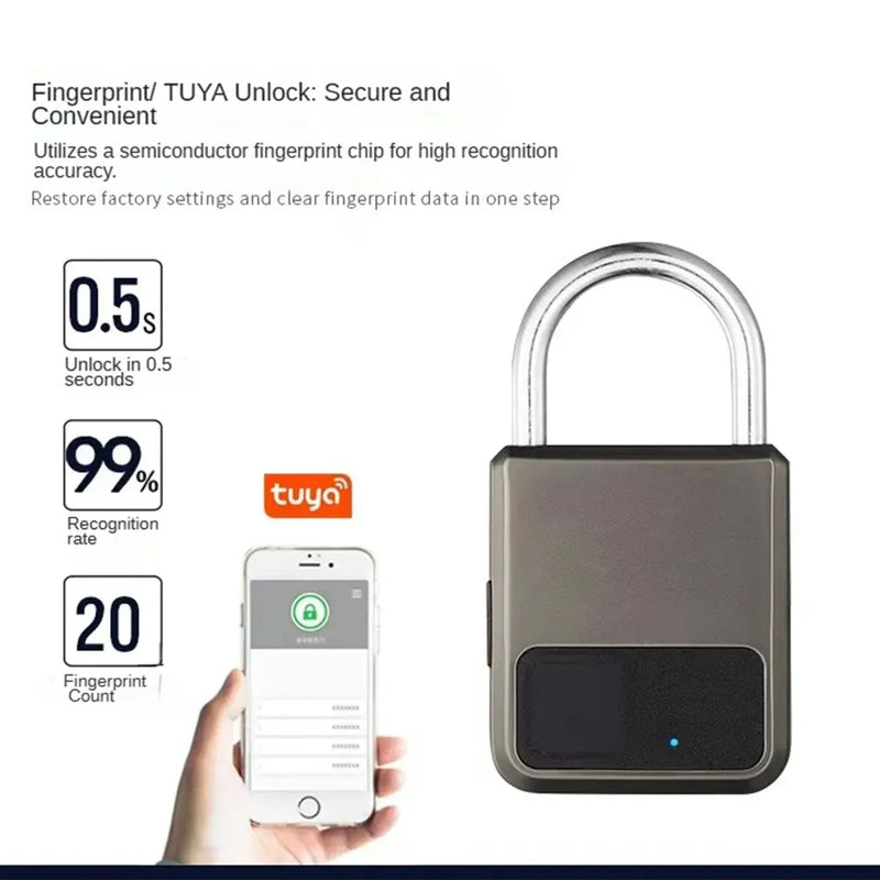 Smart Portable Fingerprints Tuya APP Pad Lock With USB Key Support for Emergency 1year Use after One Time Charge