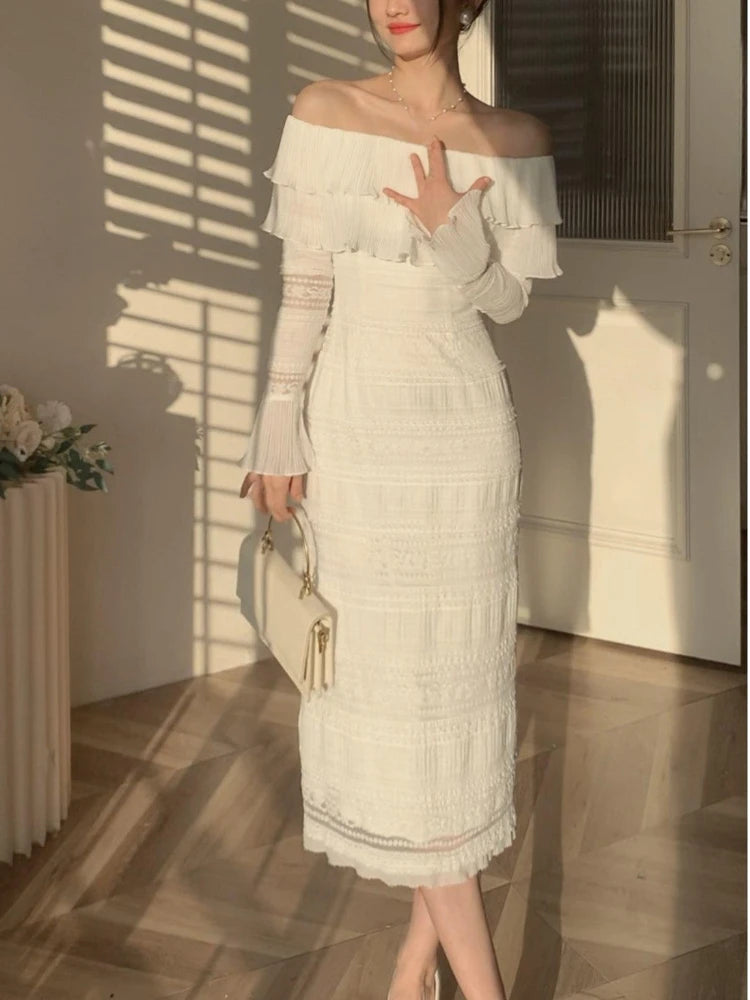 White Elegant Vintage Midi Dress Women Ruffles Sexy Beach Party Bodycon Dress Female Silm One Piece Dress Korean 2023 Summer Y2k