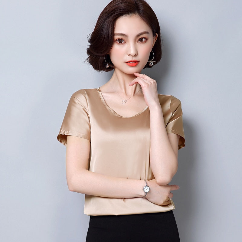 womens tops and blouses 2023 women shirts casual Silk O-neck sling top satin short sleeve stretch Solid blouse 2126 50