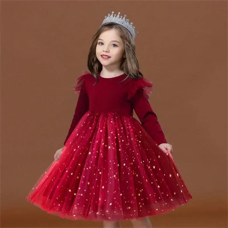 Children Christmas Dress for Girl Sequin Star Mesh Princess Dresses Red Christmas Clothes Kids 2025 New Years Party Costume 3-8Y