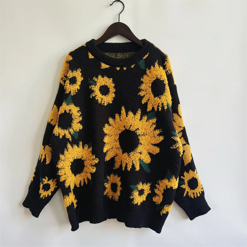 OMCHION Korean Sweater 2023 Autumn Winter New Knitted Top Sunflower Embroidery Sweater  Women Casual Loose Pullover Fashion