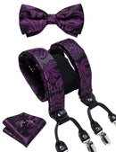 DiBanGu Mens Adjustable Silk Suspenders Bow Tie Cufflinks Pocket Square Set Metal Clips Y back Elastic Braces Wide Strap 3.5CM