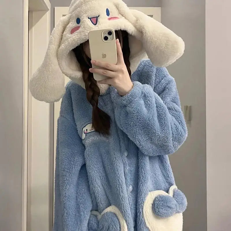 Sanrios High Quality Girl Plush Cartoon Pajamas Kuromi My Melody Cinnamoroll Winter Extra Thick Coral Fleece Nightdress